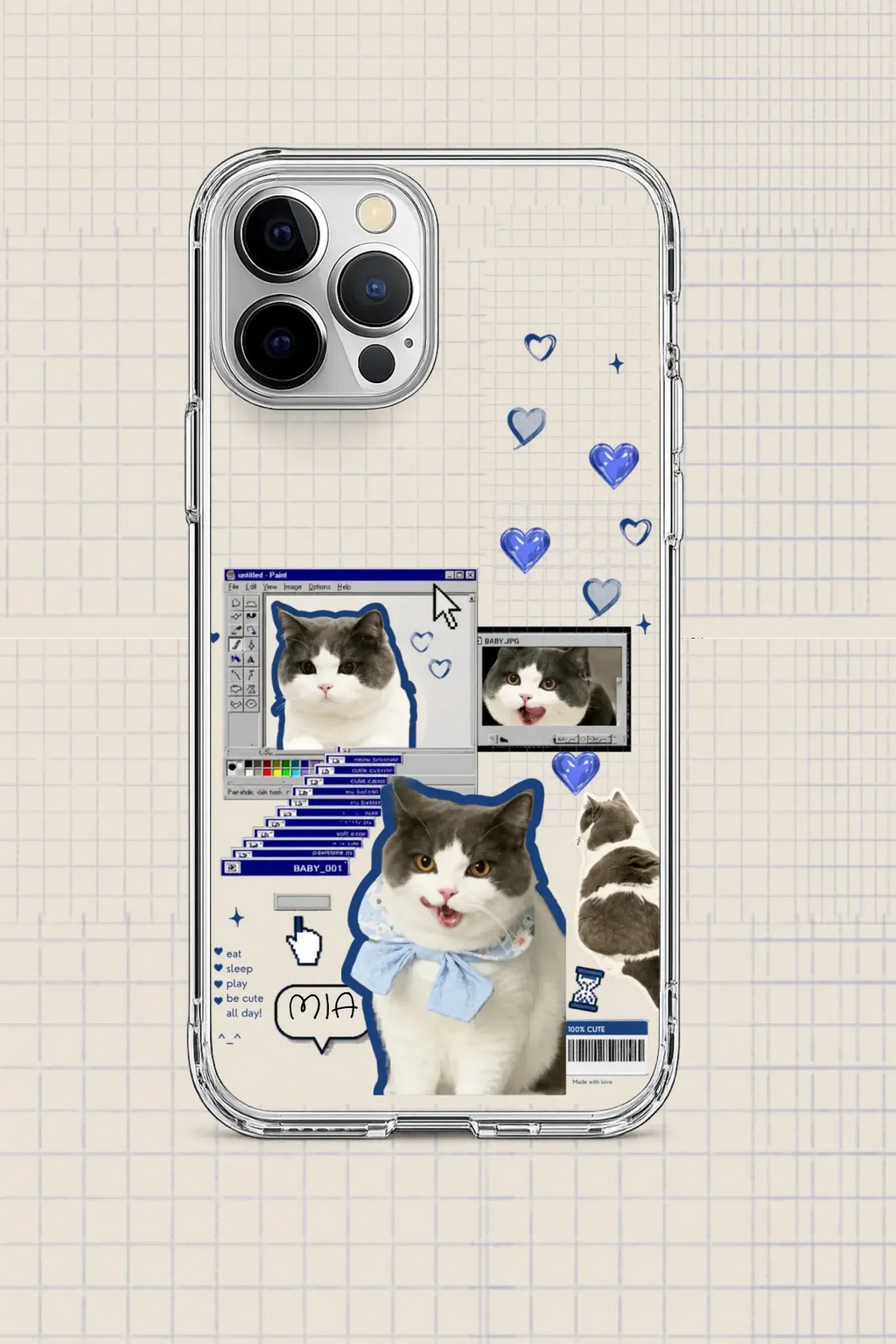 Phone case with a cat design on a checkered background