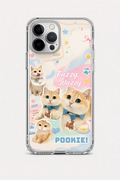 Phone case with cute cat illustrations and text on a light background
