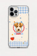 Phone case with a dog illustration and 'Jack' text on a checkered background