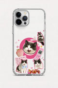 Phone case with cat illustrations and a pink heart design on a white background
