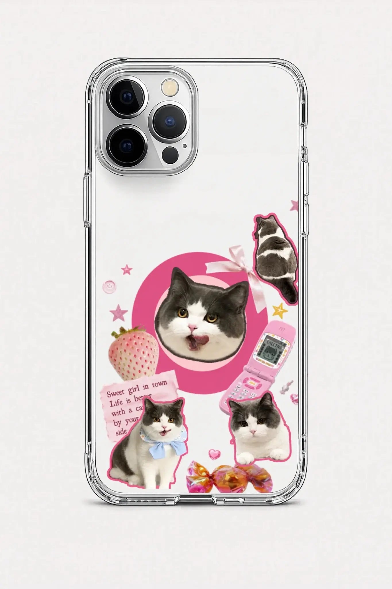 Phone case with cat illustrations and a pink heart design on a white background