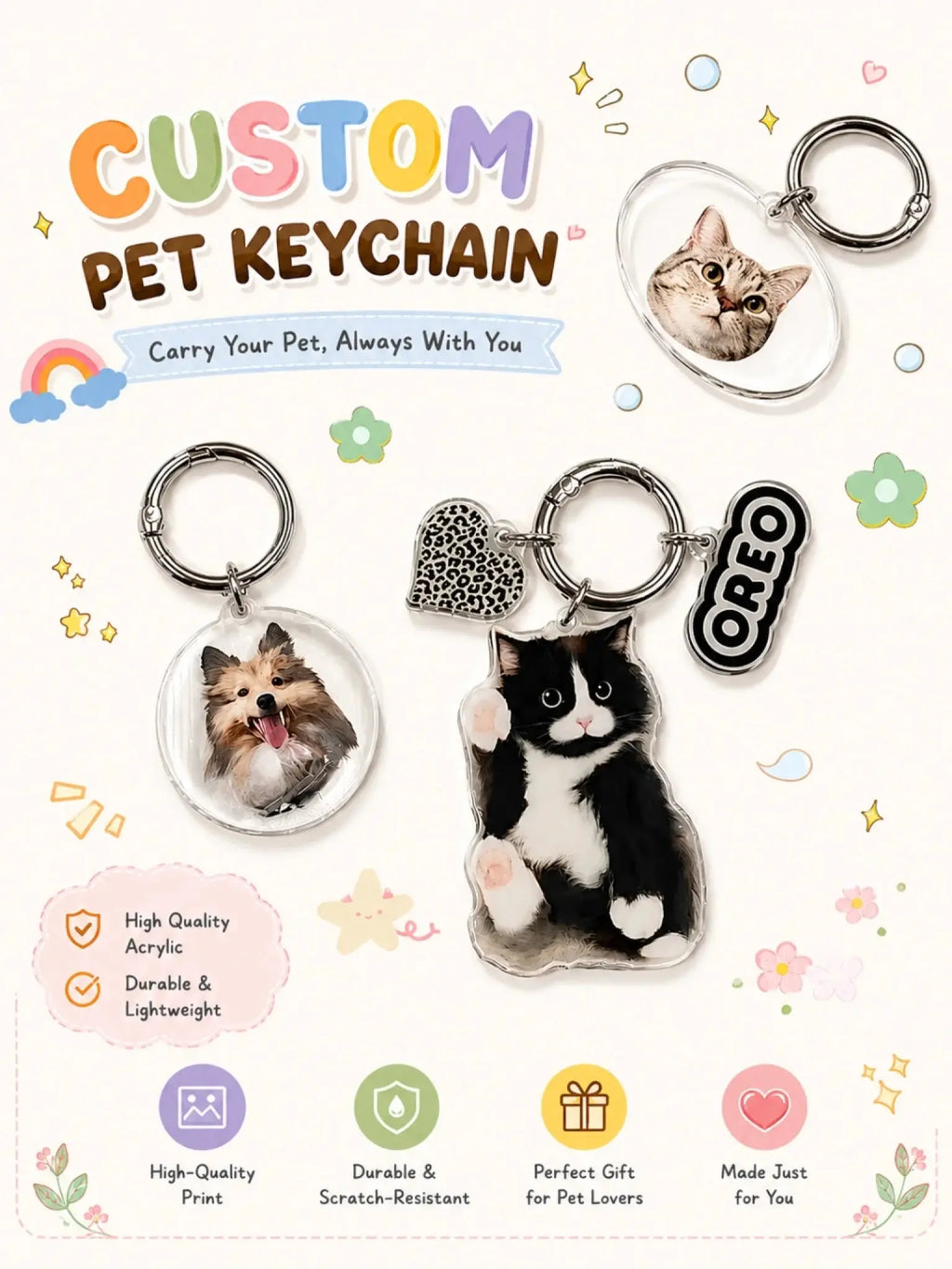 Collection of custom pet keychains with images of dogs and cats