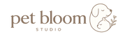 The logo for 'pet bloom STUDIO' is displayed on a solid white background, featuring brown text and a minimalist line art illustration of a puppy and kitten with a small flower.