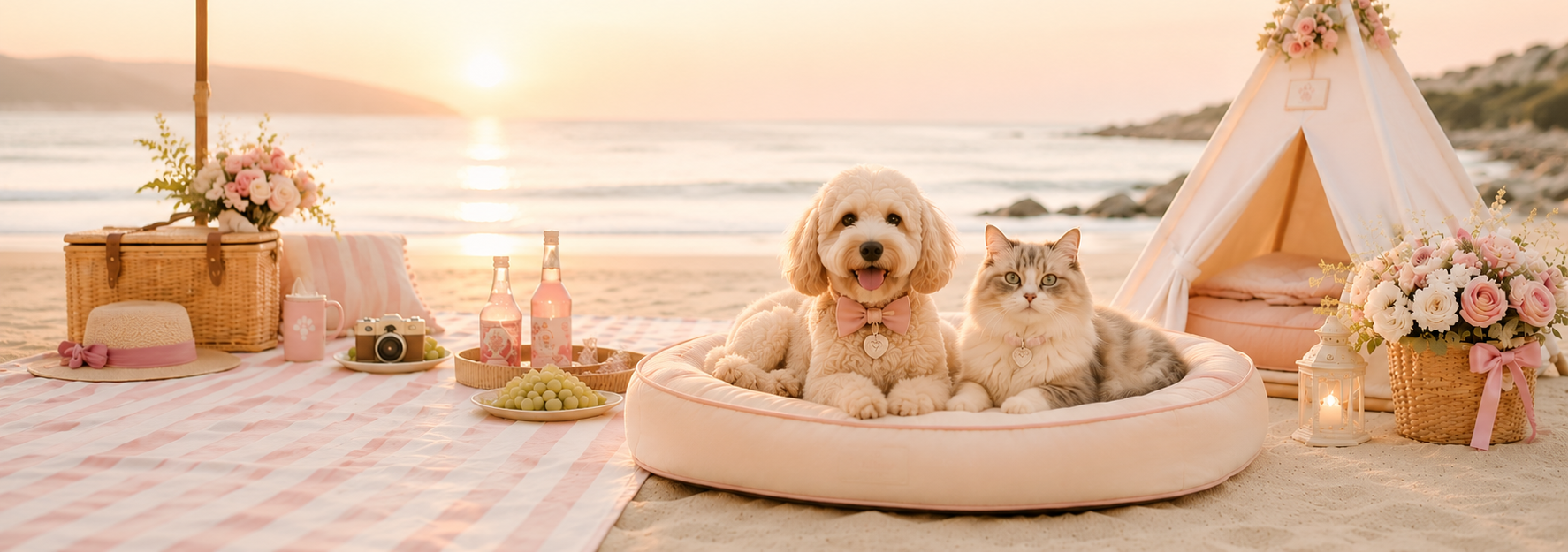 Two dogs on a beach with a picnic setup and sunset in the background